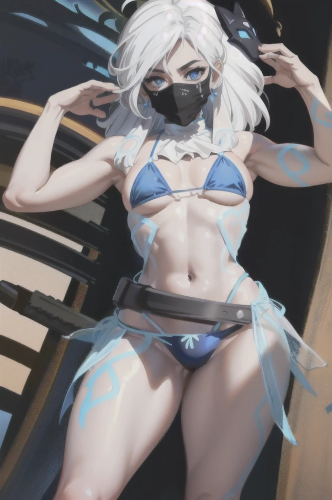 ((Cinematic light, Best quality, 8k, Masterpiece :1.3)), 1girl, Beautiful woman, (white hair, large breasts:1.3), rope panties, bra :1.2, hopefully falling, seductive open lips,1girl, standing, full body, hairy female, body hair, (white hair, white skin:1.1), chest tuft, digitigrade, white hair, long hair, black mask, (blue eyes, bright eyes:1.4),  small breasts, BREAK nature, jungle, magical forest, fantasy forest, grass, purple leaves, plants, bright flowers, rocks, day, sexy, showing off, showing armpits, ((nsfw)), ((sexual teasing)), ((((see through bikini))), (((mask covering part of the face))), ((thin waist)), skinny, bodycon, nip slip, pantyshot