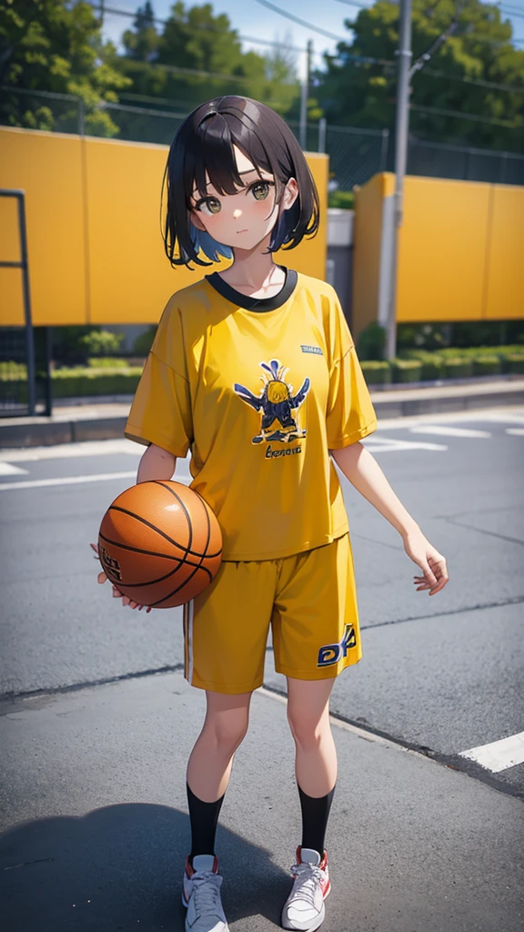 1 girl,standing, wearing basketball yellow shirt, holding basketball, Showing her very