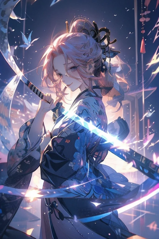 Perfect face. Perfect hands. A pink haired woman with violet eyes and an hourglass figure in a kimono is leaning her scythe in a shrine with a smile