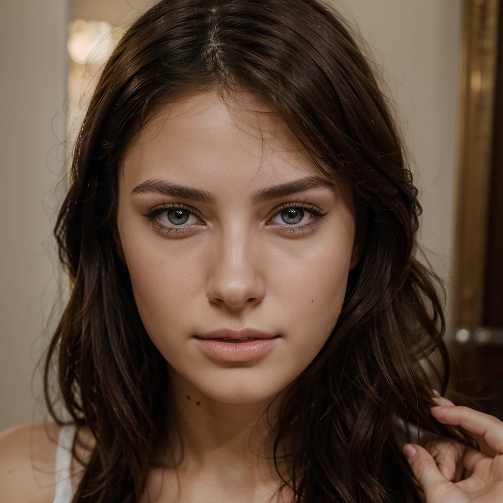 ultra realistic portrait of a brunette woman, no makeup, light eyes, European, 