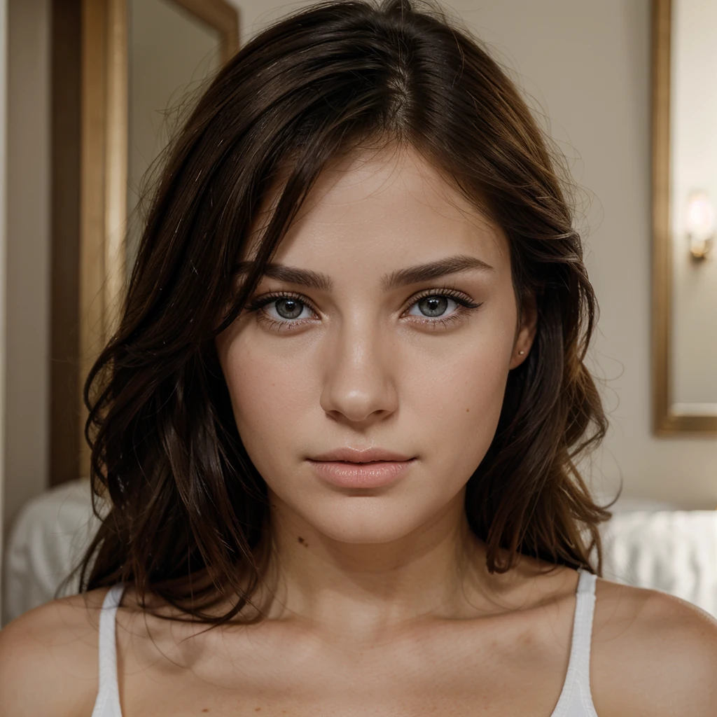 ultra realistic portrait of a brunette woman, no makeup, light eyes, European,