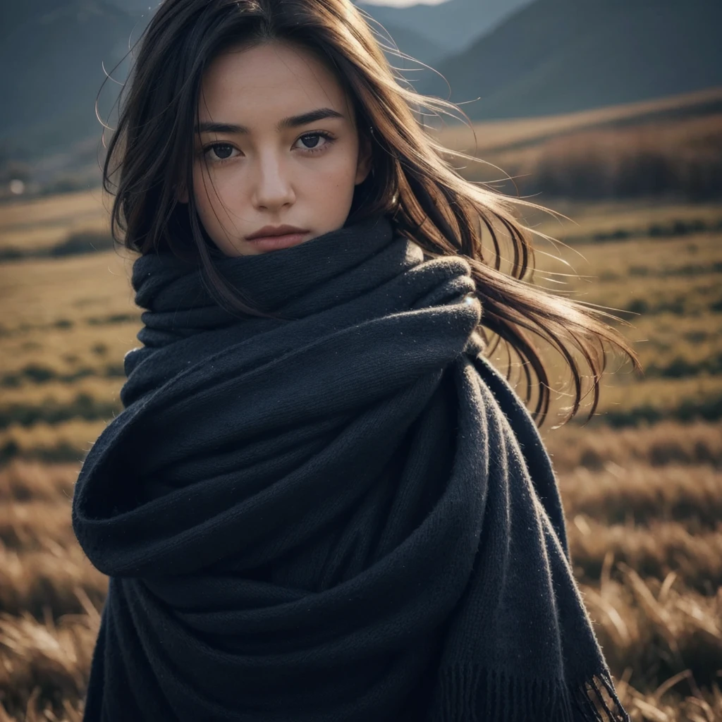 8k, best quality, masterpiece, realistic, ultra detail, photo realistic, Increase quality,
a photo of a girl standing in a field with a scarf, in the style of dark and brooding designer, voluminous mass, photobash, serene faces, jagged edges, navy, natural beauty, close-up shot