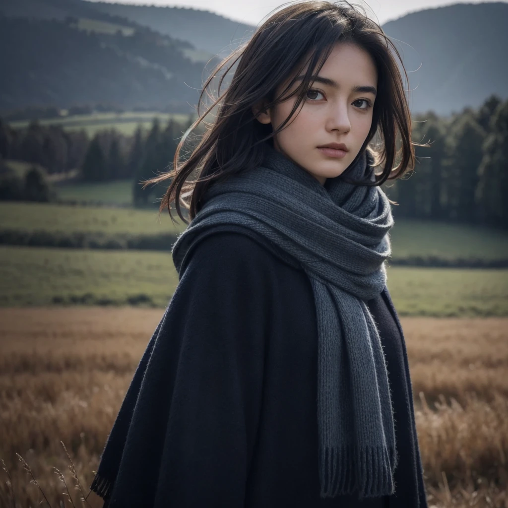 8k, best quality, masterpiece, realistic, ultra detail, photo realistic, Increase quality,
a photo of a girl standing in a field with a scarf, in the style of dark and brooding designer, voluminous mass, photobash, serene faces, jagged edges, navy, natural beauty, close-up shot