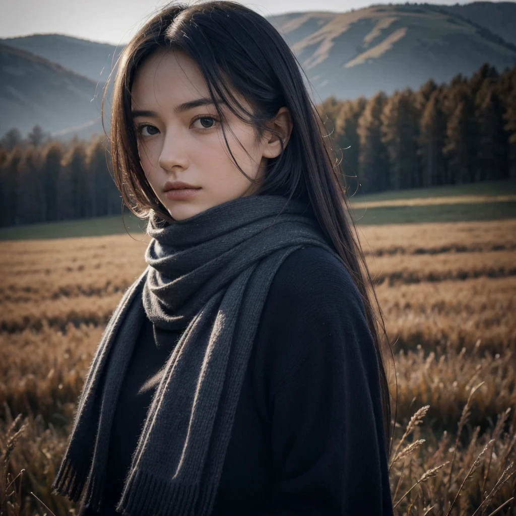 8k, best quality, masterpiece, realistic, ultra detail, photo realistic, Increase quality,
a photo of a girl standing in a field with a scarf, in the style of dark and brooding designer, voluminous mass, photobash, serene faces, jagged edges, navy, natural beauty, close-up shot