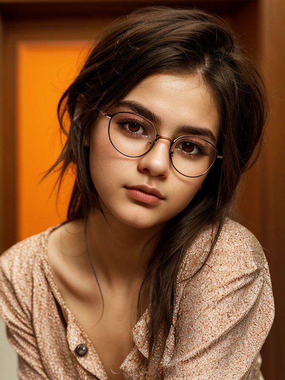 (masterpiece, Best quality:1.2), 1 young tomboy girl, 22, One, Russian chubby brown-eyed girl in glasses with aesthetic small breasts and beautiful erect nipples, Beautiful realistic eyes, round face, round cheeks, small round chin, wide cheekbones, beautiful proportional small wide nose, Plump lips, closed mouth, expressive brown eyes, long eyelashes, glasses with lenses, A little crazy look, sparkle in the eyes, spiky tousled dark brown tousled slightly wavy medium length shoulder length hair, hair combed into a mohawk, highlighting hair strands in fiery orange color, Stylish, loose-fitting linen button-down shirt, I don&#39;t wear a bra because it&#39;s hot, beautiful muscular arms, Graceful fingers, velvety skin, photograph of the upper body from the waist up, high quality human skin textures, Beautiful face, Ideal Anatomy, realistic textures, realistic glasses with distorting lenses, medium shot, free pose, medium shot 