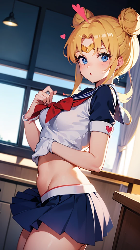 Sailor moon sexy schoolgirl with blonde hair and blue eyes, two buns, heart shaped face in outfit with a classroom in the background
