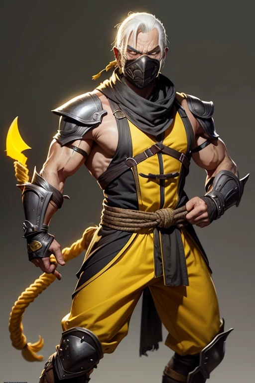 mortal kombat scorpion character as an old man with yellow mask. he wears a yellow costume. he has with white hair. he has a kunai attached to a rope in one hand. render the image in anime style.