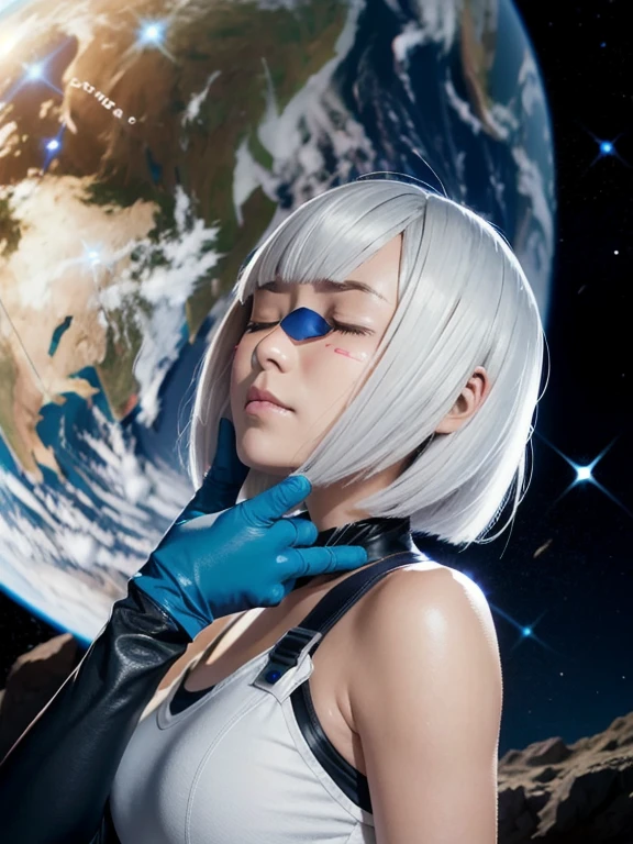 anime realist bob cut,sliver hair,multiple colored hair,sad,:<,closed eyes,((good face)),(masterpiece),ahoge,bangs,dynamic,solo,wide shot,gloves,flat chest,(ambient light ),the Earth at the upper part of image,empty-handed,solo,1girl,highres,crying,on the moon surface,outer space,,,