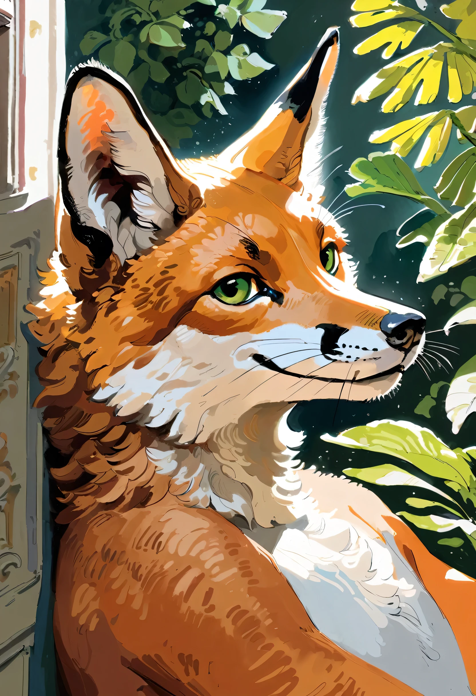 (Fox), solo, male, (anthro), (by seyorrol), ((intricate detailed background, bedroom background)), realistic shading, (epic, masterpiece, high quality, 8k, ultra HD, absurd res, top quality, best quality, max quality, masterpiece), (feminine body), (correct anatomy:1.2), snout, realistic green eyes, looking at viewer, happy expression, smiling, three quarter view, ((dynamic lighting)), (full body, (perfect hands)), detailed fur,