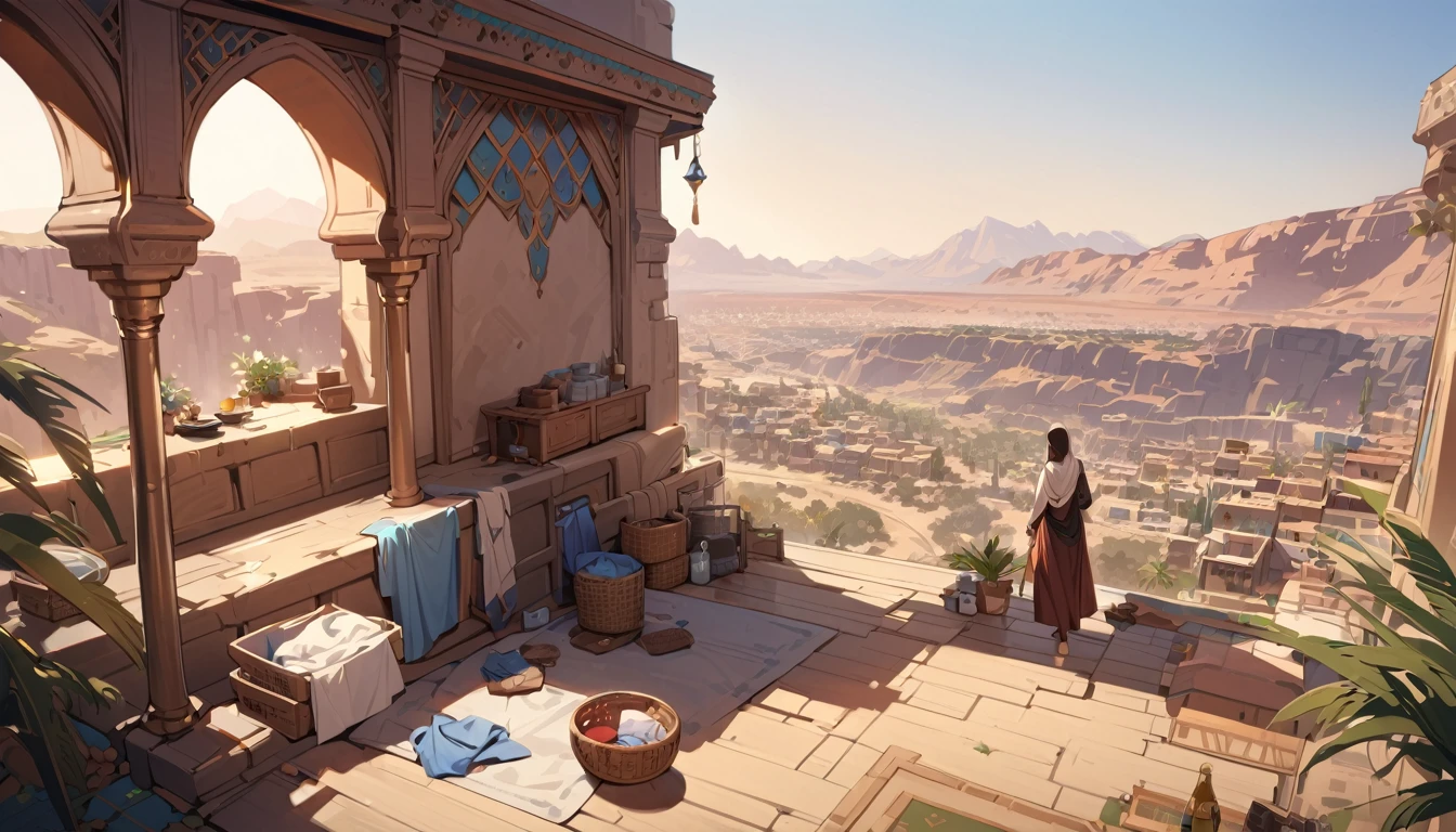 masterpiece, best quality, detailed, beautiful, 4K, FHD, highres,landscape,Arabia,  fantasy,In the city,Home,Laundry
