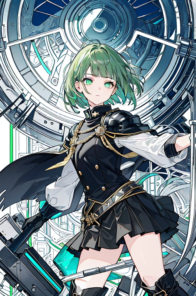 [(with a cathedral background:1.4)::5],original,(shape:1.1),(highest quality),(Tabletop:1.1),(Highly detailed CG Unity 8k wallpaper:1.1), (colorful:0.9),(Mid Shot:0.95),(very detailed beautiful whole body),Dynamic Angle,(alone:1.2), (girl),(((Adult))), (Beautiful eyes in every detail:1.15), (Beautiful Face:1.15), (Glowing green eyes:1.25////),(Gemstone Eyes),(Green Short Hair),(Blunt bangs),((The girl wear a black knight uniform)),Realistic,, girl,Green Hair,((Black long boots)), Black mini skirt,Black knee socks(rage),(Contempt and contempt),rage,(beautiful slender girl),((Adult)),((upper body)),Valkyrie, Decorations,((Thin legs)),((slender girl)),Front Angle,Front Angle,