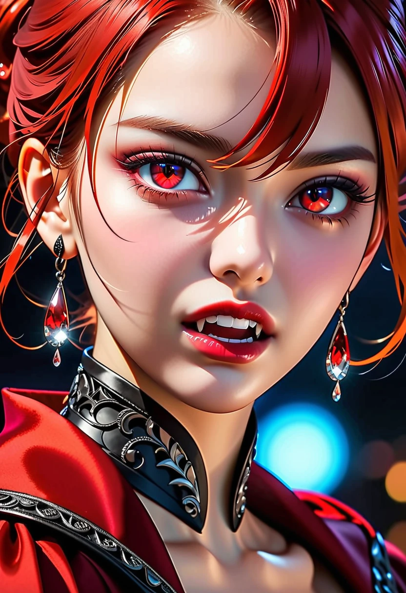 aa portrait of vampire with a bloody tear coming down from he eye, an exotic beautiful female vampire, red hair color, dynamic hair style, ultra detailed face, best detailed face, (silver eyes: 1.3), ((1single red teardrop: 1.3)), ((teardrop made from blood)), ((teardrop coming down from the eye: 1.3)), small cleavage, wearing two black diamond earrings, Ultra-high resolution, High Contrast, (masterpiece:1.5), highest quality, Best aesthetics), 16K fantasy art, best details, best quality, highres, (ultra wide angle: 1.2), 16k, [ultra detailed], masterpiece, best quality, (extremely detailed), ladyshadow, magical sky, crying style, vampire teeth