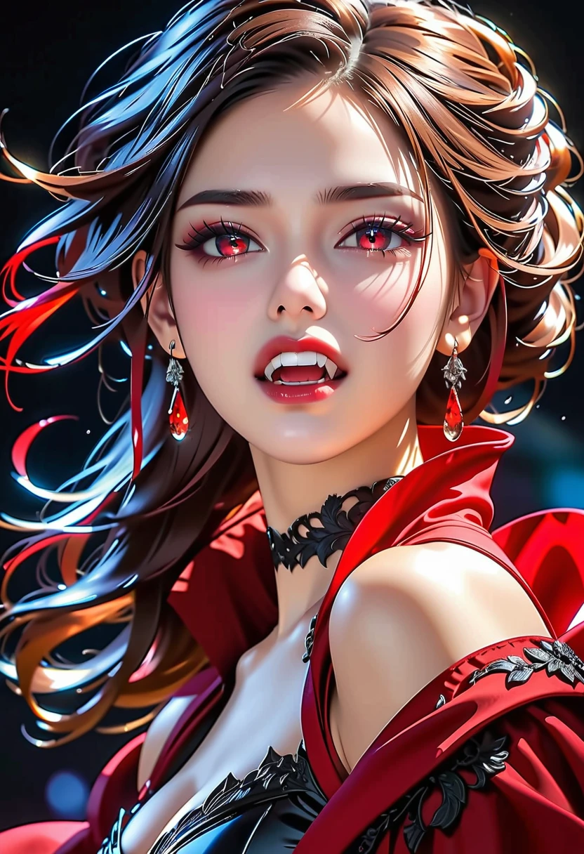 aa portrait of vampire with a bloody tear coming down from he eye, an exotic beautiful female vampire, red hair color, dynamic hair style, ultra detailed face, best detailed face, (silver eyes: 1.3), ((1single red teardrop: 1.3)), ((teardrop made from blood)), ((teardrop coming down from the eye: 1.3)), small cleavage, wearing two black diamond earrings, Ultra-high resolution, High Contrast, (masterpiece:1.5), highest quality, Best aesthetics), 16K fantasy art, best details, best quality, highres, (ultra wide angle: 1.2), 16k, [ultra detailed], masterpiece, best quality, (extremely detailed), ladyshadow, magical sky, crying style, vampire teeth