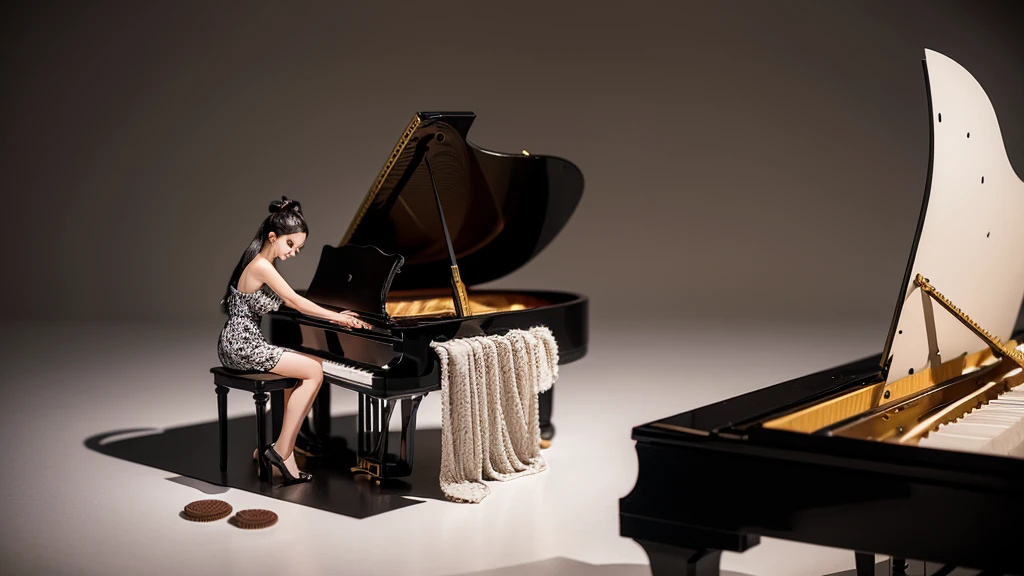 This whimsical image features miniature art where an Oreo cookie is creatively transformed into a grand piano, a concept likely inspired by imaginative food art. The composition is minimalistic, with a small figure seated on a chair pretending to play the "piano." Musical notes hover above, adding a sense of movement and sound to the scene. The background is a simple, clean white, keeping the focus solely on the Oreo piano and the tiny musician. The overall effect is playful and imaginative, highlighting the artist's creativity in blending everyday objects with elements of fantasy.