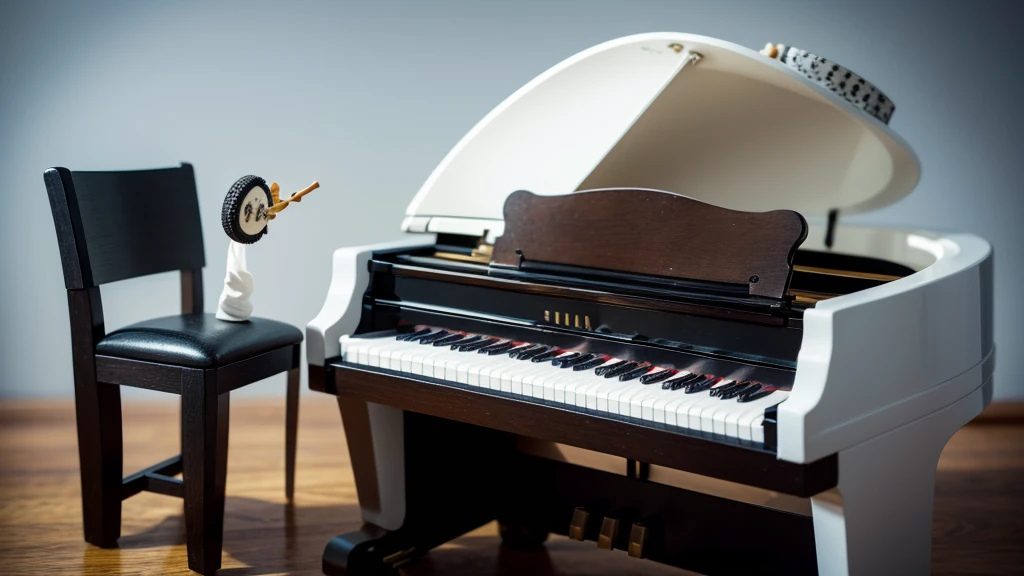 This whimsical image features miniature art where an Oreo cookie is creatively transformed into a grand piano, a concept likely inspired by imaginative food art. The composition is minimalistic, with a small figure seated on a chair pretending to play the "piano." Musical notes hover above, adding a sense of movement and sound to the scene. The background is a simple, clean white, keeping the focus solely on the Oreo piano and the tiny musician. The overall effect is playful and imaginative, highlighting the artist's creativity in blending everyday objects with elements of fantasy.