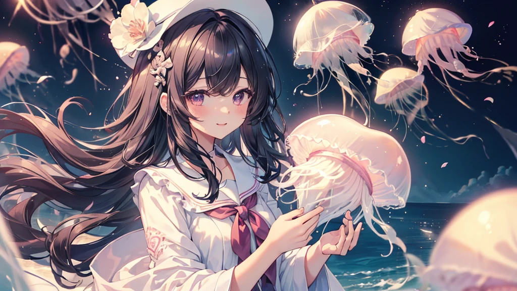 (((Highest quality、Cute cloud jellyfish,Aurelia,masterpiece、Ultra-fine、Ultra-fine、Exquisite、16K、Black Hair,Full HD,Asahi,high school girl,))) 、 (((The best smile,Angle from above)))Dark Eyes、Long eyelashes、White skin、(Pale pink lips、Pale pink cheeks、thin and long)、 ((cute)) ((One person)) 、((The best smile)) 、(A magnificent proposal