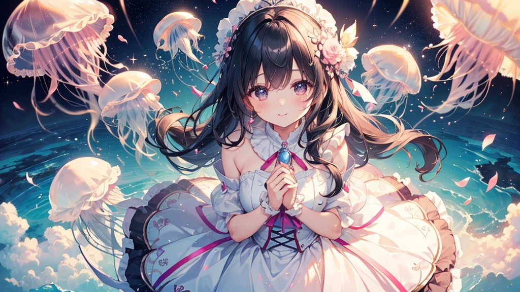 (((Highest quality、Cute cloud jellyfish,Aurelia,masterpiece、Ultra-fine、Ultra-fine、Exquisite、16K、Black Hair,Full HD,Asahi,high school girl,))) 、 (((The best smile,Angle from above)))Dark Eyes、Long eyelashes、White skin、(Pale pink lips、Pale pink cheeks、thin and long)、 ((cute)) ((One person)) 、((The best smile)) 、(A magnificent proposal