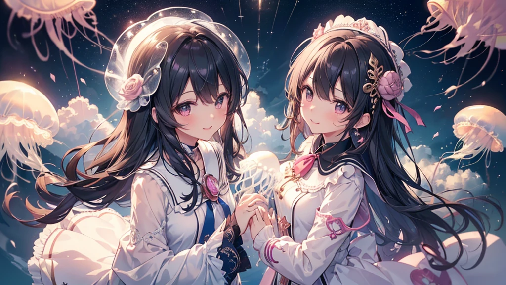(((Highest quality、Cute cloud jellyfish,Aurelia,masterpiece、Ultra-fine、Ultra-fine、Exquisite、16K、Black Hair,Full HD,Asahi,high school girl,))) 、 (((The best smile,Angle from above)))Dark Eyes、Long eyelashes、White skin、(Pale pink lips、Pale pink cheeks、thin and long)、 ((cute)) ((One person)) 、((The best smile)) 、(A magnificent proposal