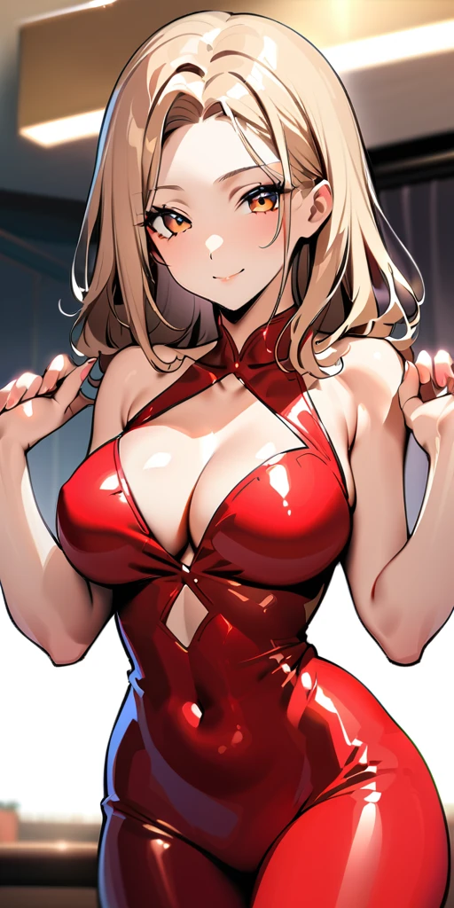 ((Highest quality、、masterpiece:1.3)), Upper Body、Long legs、Sharp focus:1.2, Beautiful woman with perfect figure:1.4、(Smiling:1.2), double eyelid、30-year-old female、Sexy pose、((((Close your mouth、One Woman、ボディコンスーツ、Luxury hotel lounge))))、(((((Hands on the side of the body)))))