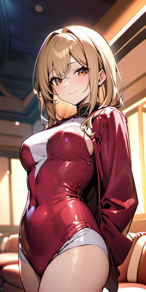 ((Highest quality、、masterpiece:1.3)), Upper Body、Long legs、Sharp focus:1.2, Beautiful woman with perfect figure:1.4、(Smiling:1.2), double eyelid、30-year-old female、Sexy pose、((((Close your mouth、One Woman、ボディコンスーツ、Luxury hotel lounge))))、(((((Hands on the side of the body)))))