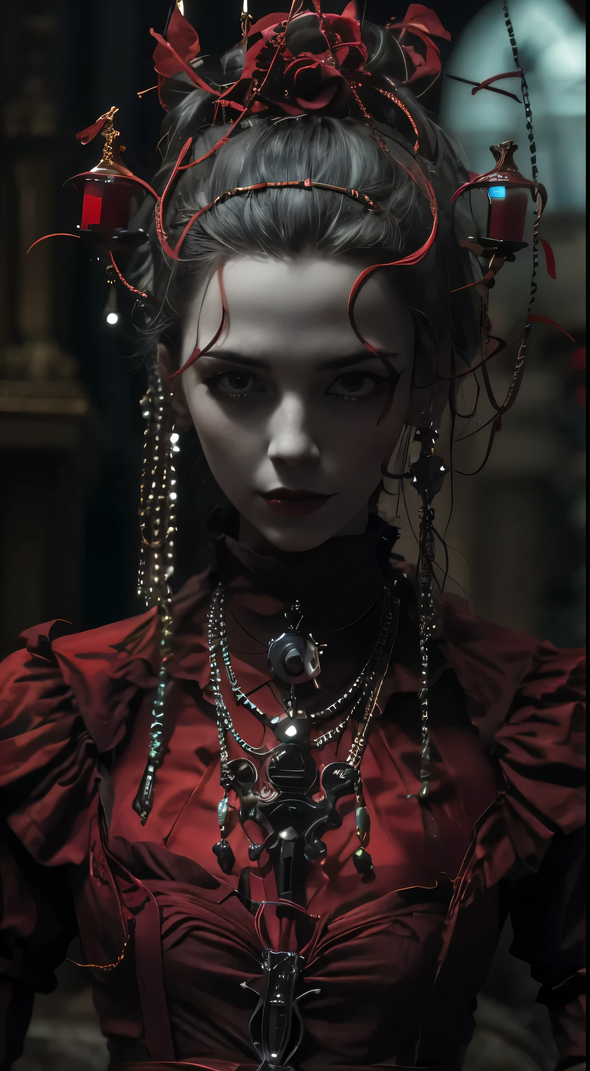 Arafed Woman in a red dress with a necklace and a necklace, rococo cyberpunk, Portrait of a vampire lady, elegant victorian vampire, 8k portrait, victorian vampire, in a red dress from the Victorian era, Anya Taylor - Vampire Queen Joy, gothic princess portrait, close-up of the cinematic goddess., frame from a fantasy movie, Portrait of a young witch, The Red Queen