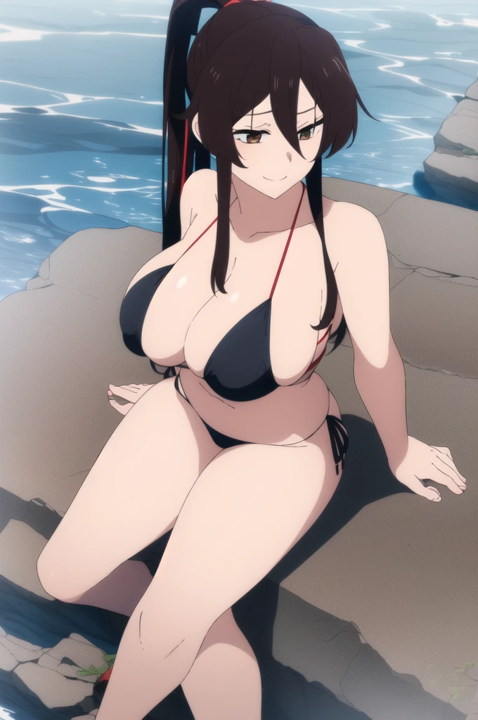 (masterpiece), (best quality), asaemon_sagiri, 1girl, solo, long_hair, black_hair, hair_between_eyes, brown_eyes, ponytail, sidelocks, high_ponytail, breasts, looking_at_viewer, blushed smile, large_breasts, cleavage, bare_shoulders, sitting, sitting on rock, collarbone, crossed_legs, black underwear, from_below, breasts, large breasts, big breasts, huge breasts, big tits, giant breasts, small bikini, bikini, white bikini, bare shoulders, bare arms, beach, ocean, underboob, island background