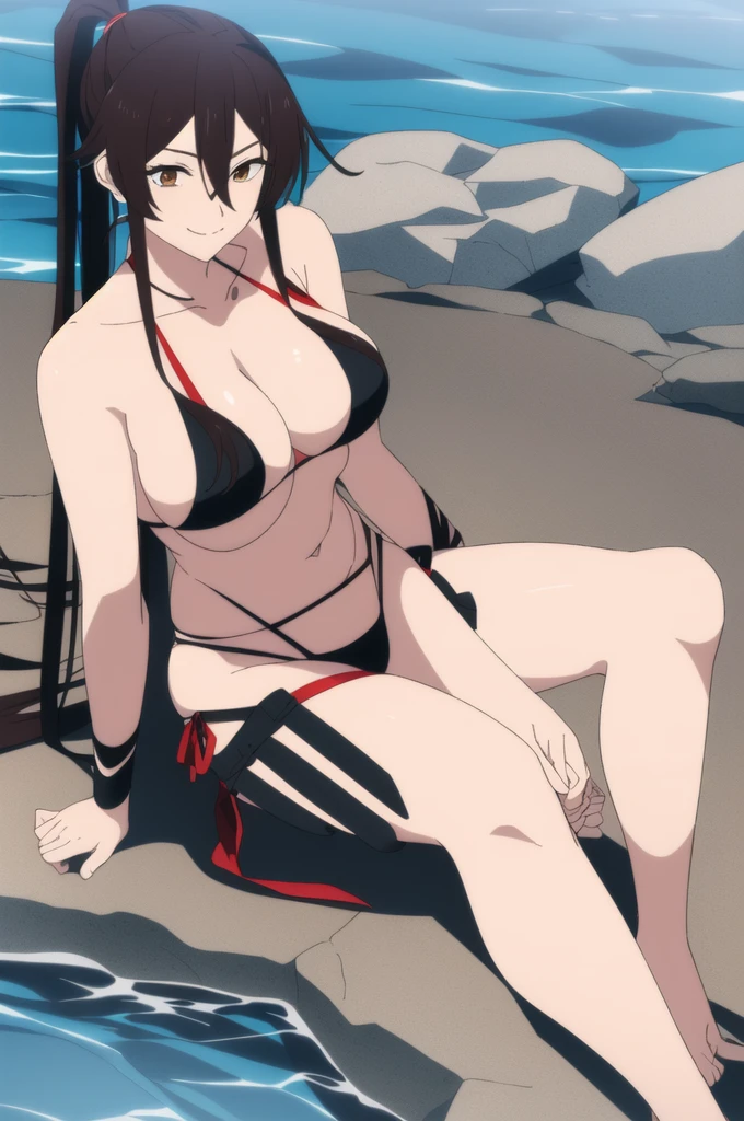 (masterpiece), (best quality), asaemon_sagiri, 1girl, solo, long_hair, black_hair, hair_between_eyes, brown_eyes, ponytail, sidelocks, high_ponytail, breasts, looking_at_viewer, blushed smile, large_breasts, cleavage, bare_shoulders, sitting, sitting on rock, collarbone, crossed_legs, black underwear, from_below, breasts, large breasts, big breasts, huge breasts, big tits, giant breasts, small bikini, bikini, white bikini, bare shoulders, bare arms, beach, ocean, underboob, island background
