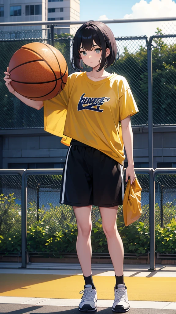 18 year old girl,standing, wearing basketball yellow shirt, holding basketball, Showing her very big