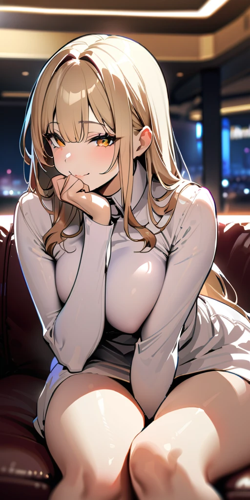 ((Highest quality、、masterpiece:1.3)), Upper Body、Long legs、Sharp focus:1.2, Beautiful woman with perfect figure:1.4、(Smiling:1.2), double eyelid、30-year-old female、Sexy pose、((((Close your mouth、One Woman、Luxury hotel lounge))))、(((((Hands on the side of the body)))))