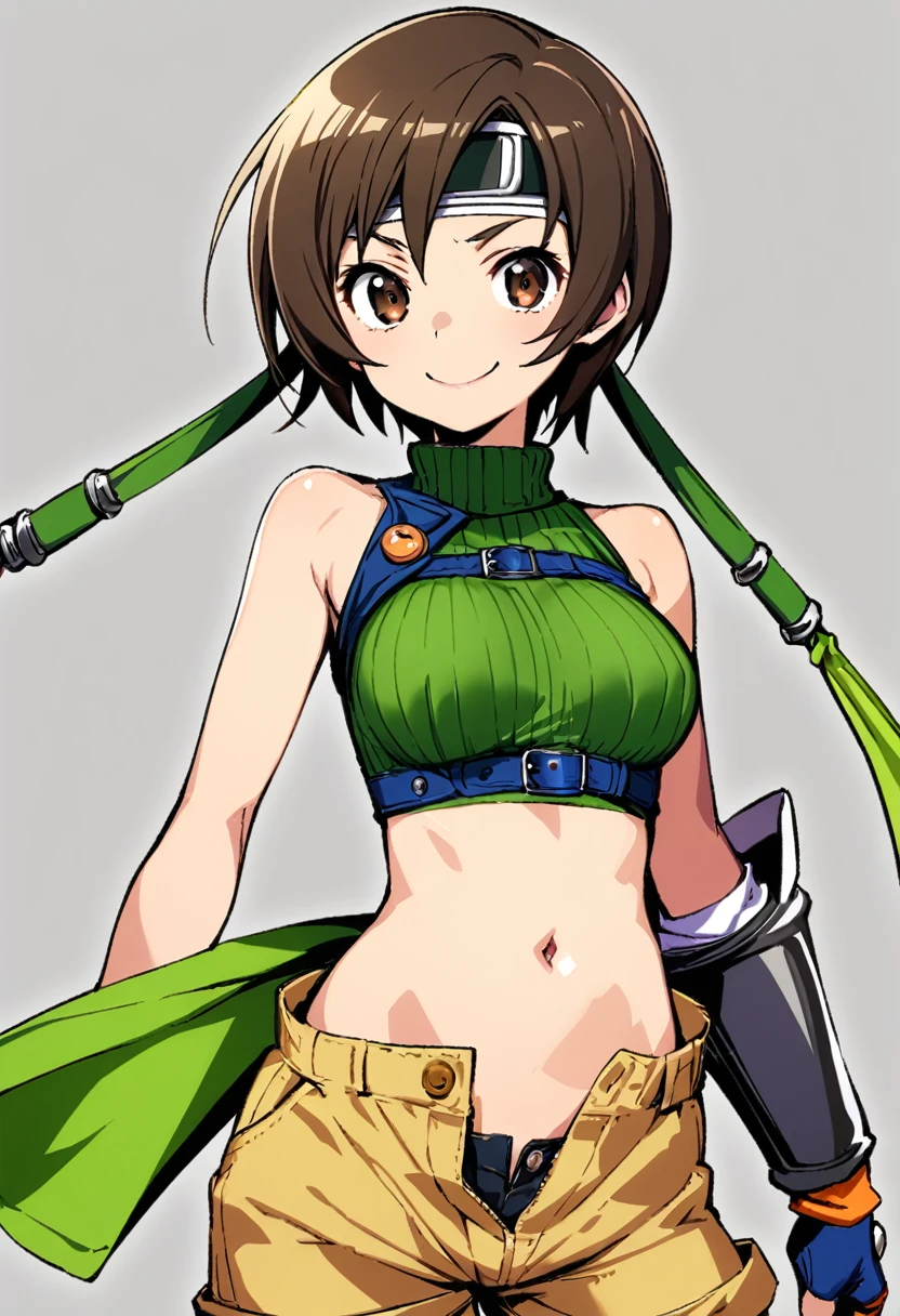 score_9, score_8_up, score_7_up,,BREAK , ,navel below view.,mediumshot,.,looking_at_viewer,1girl, yuffie kisaragi, final fantasy, short hair,headband,navel,sleeveless,turtleneck,brown eyes,sleeveless turtleneck,solo,breasts,looking at viewer,smile,gloves,crop top,brown hair,shorts,midriff,,sweater,open fly,fingerless gloves,ribbed sweater,medium breasts,,smile,smug,best quality,aesthetic,very aesthetic,masterpiece,(high-resolution), 