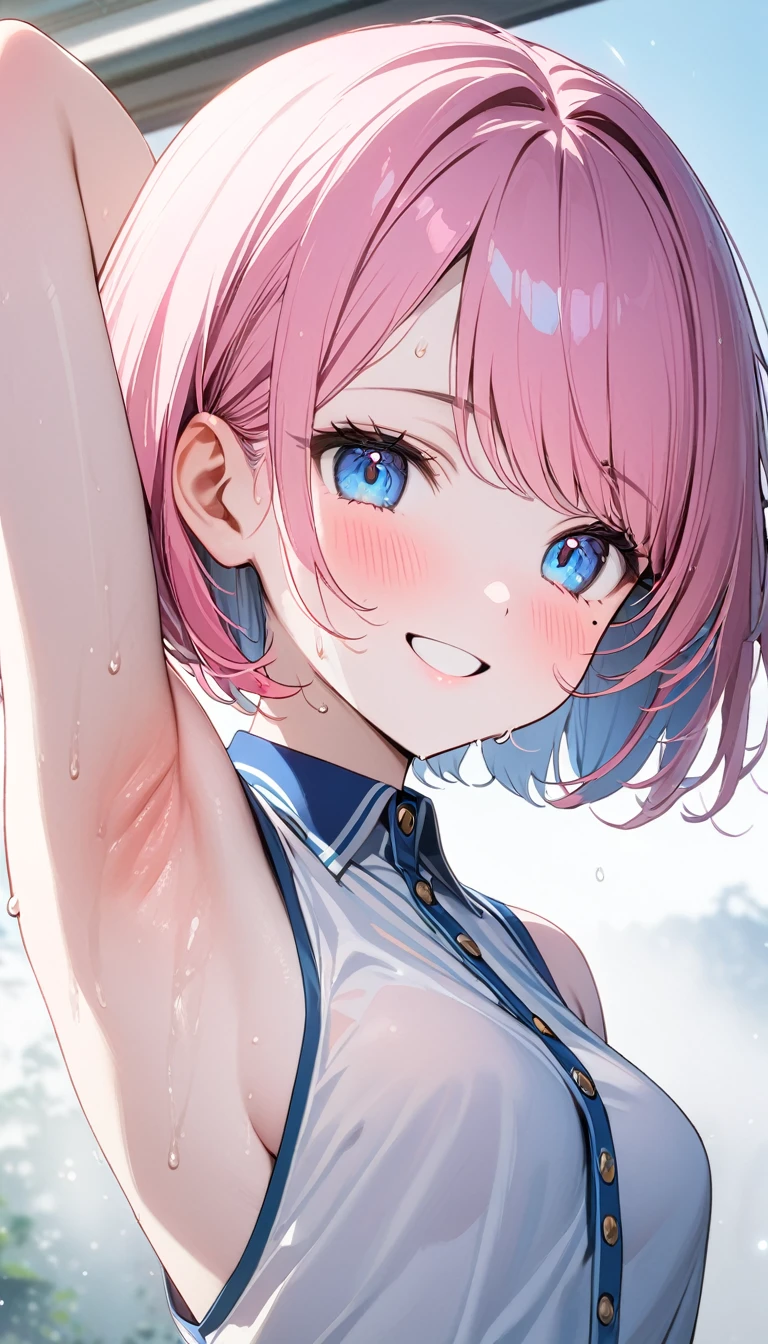 (1 girl),(Best Picture Quality, 8K, Masterpiece:1.3), (high school student:1.5), ((pink lob hair:1.1)), (bob cut),(swept bangs), (cute eyes, pupil black, iris skyblue, youthful face), (mole under right eye), (standard weight), (small breasts), (glistening skin:1.1),(pale skin:1.2),((showing armpits)),((sleeveless shirt)),(Smile),(sweat),((fog skin:1.1))