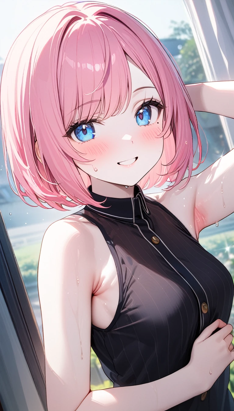 (1 girl),(Best Picture Quality, 8K, Masterpiece:1.3), (high school student:1.5), ((pink lob hair:1.1)), (bob cut),(swept bangs), (cute eyes, pupil black, iris skyblue, youthful face), (mole under right eye), (standard weight), (small breasts), (glistening skin:1.1),(pale skin:1.2),((showing armpits)),((sleeveless shirt)),(Smile),(sweat),((fog skin:1.1))