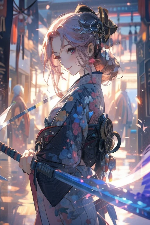 Perfect face. Perfect hands. A pink haired woman with violet eyes and an hourglass figure in a kimono is leaning her scythe in a shrine with a smile