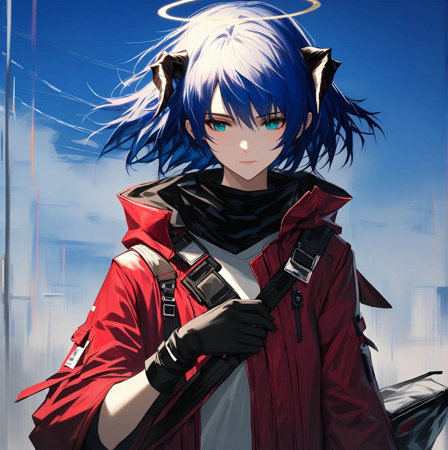 (woman), ((Mostima from arknights)), masterpiece, best quality, blue hair, ((short hair)), horns, plain white shirt, red fullbody coat, dark blue eyes, realistic anime style, faint smile, ((portrait)), black gloves, carring a bag, halo.
