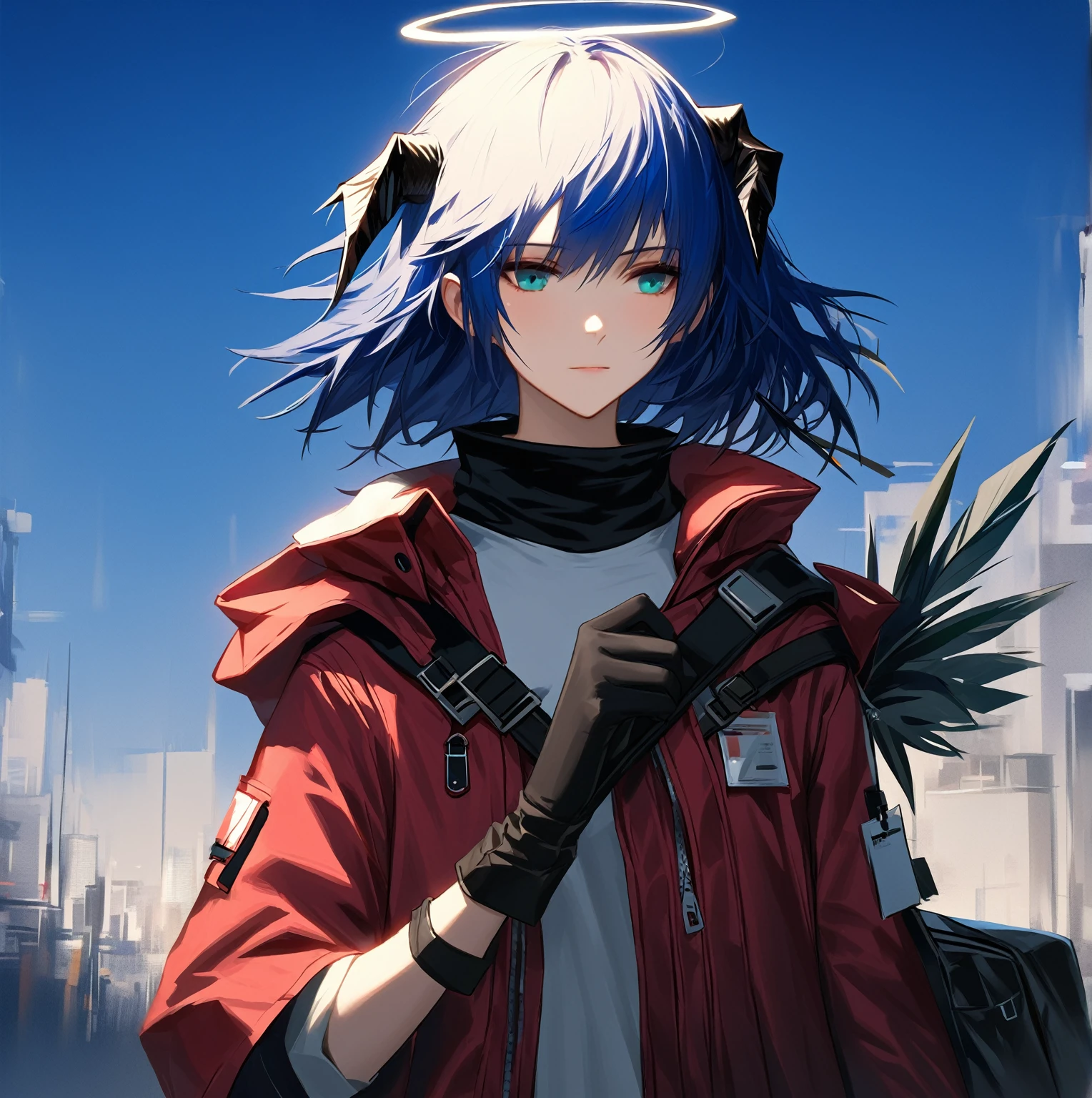 (woman), ((Mostima from arknights)), masterpiece, best quality, blue hair, ((short hair)), horns, plain white shirt, red fullbody coat, dark blue eyes, realistic anime style, faint smile, ((portrait)), black gloves, carring a bag, halo.
