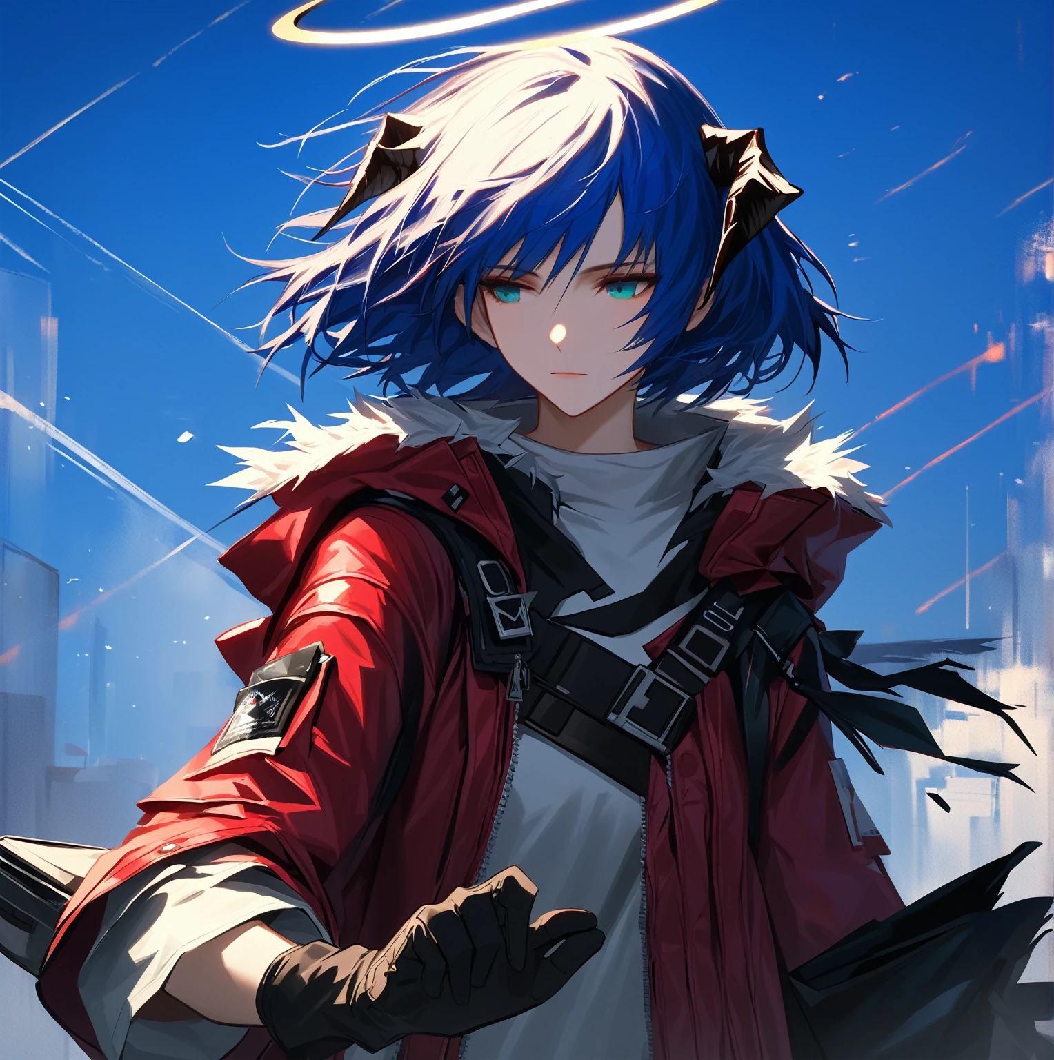 (woman), ((Mostima from arknights)), masterpiece, best quality, blue hair, ((short hair)), horns, plain white shirt, red fullbody coat, dark blue eyes, realistic anime style, faint smile, ((portrait)), black gloves, carring a bag, halo.
