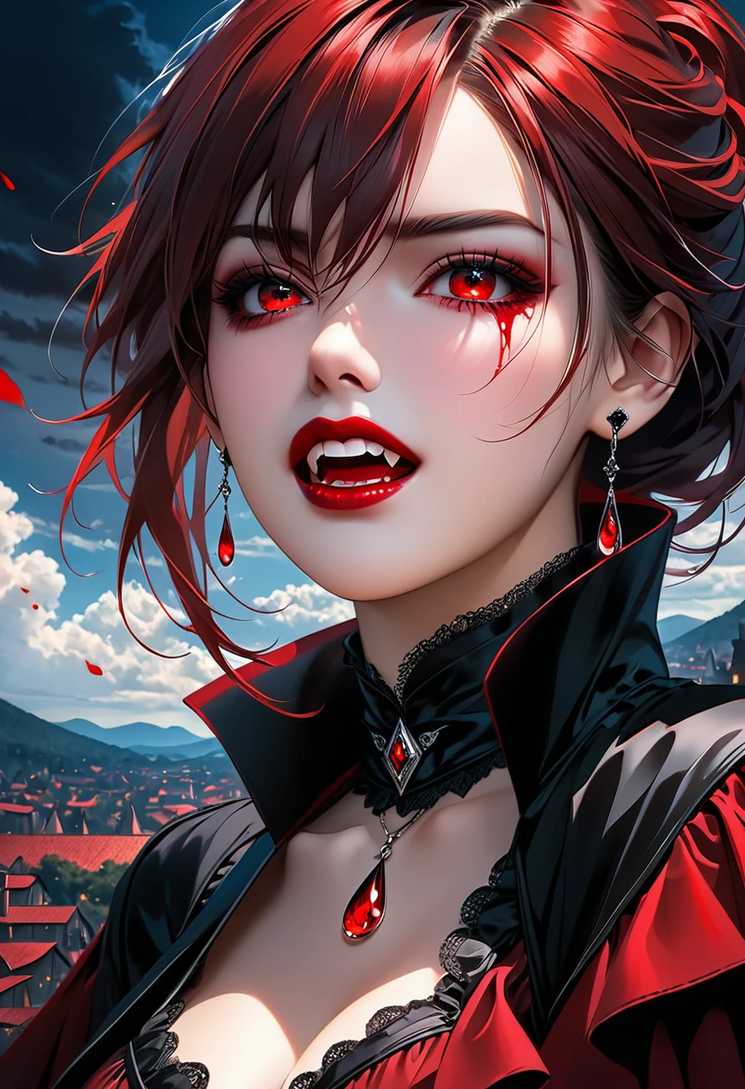 aa portrait of vampire with a bloody tear coming down from he eye, an exotic beautiful female vampire, red hair color, dynamic hair style, ultra detailed face, best detailed face, silver eye color, ((ingle red teardrop: 1.3)), ((tear drop made from blood)), ((teardrop coming down from the eye: 1.3)), small clwearing two black diamond earrings, Ultra-high resolution, High Contrast, (masterpiece:1.5), highest quality, Best aesthetics), 16K fantasy art, best details, best quality, highres, (ultra wide angle: 1.2), 16k, [ultra detailed], masterpiece, best quality, (extremely detailed), ladyshadow, magical sky, crying style, vampire teeth, goth person