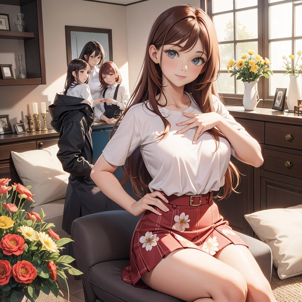 (Masterpiece), (4k), ) (vivid colors), (evening light) Woman of 40 with brown hair with red highlights dressed as a successful MILF businesswoman with a pose and seductive look, accompanied by her 2 daughters, 13 years old, blonde with a floral dress with small breasts, and the other, 16 years old, with red hair and medium breasts, in a low-cut top and a short skirt in the living room of her house.