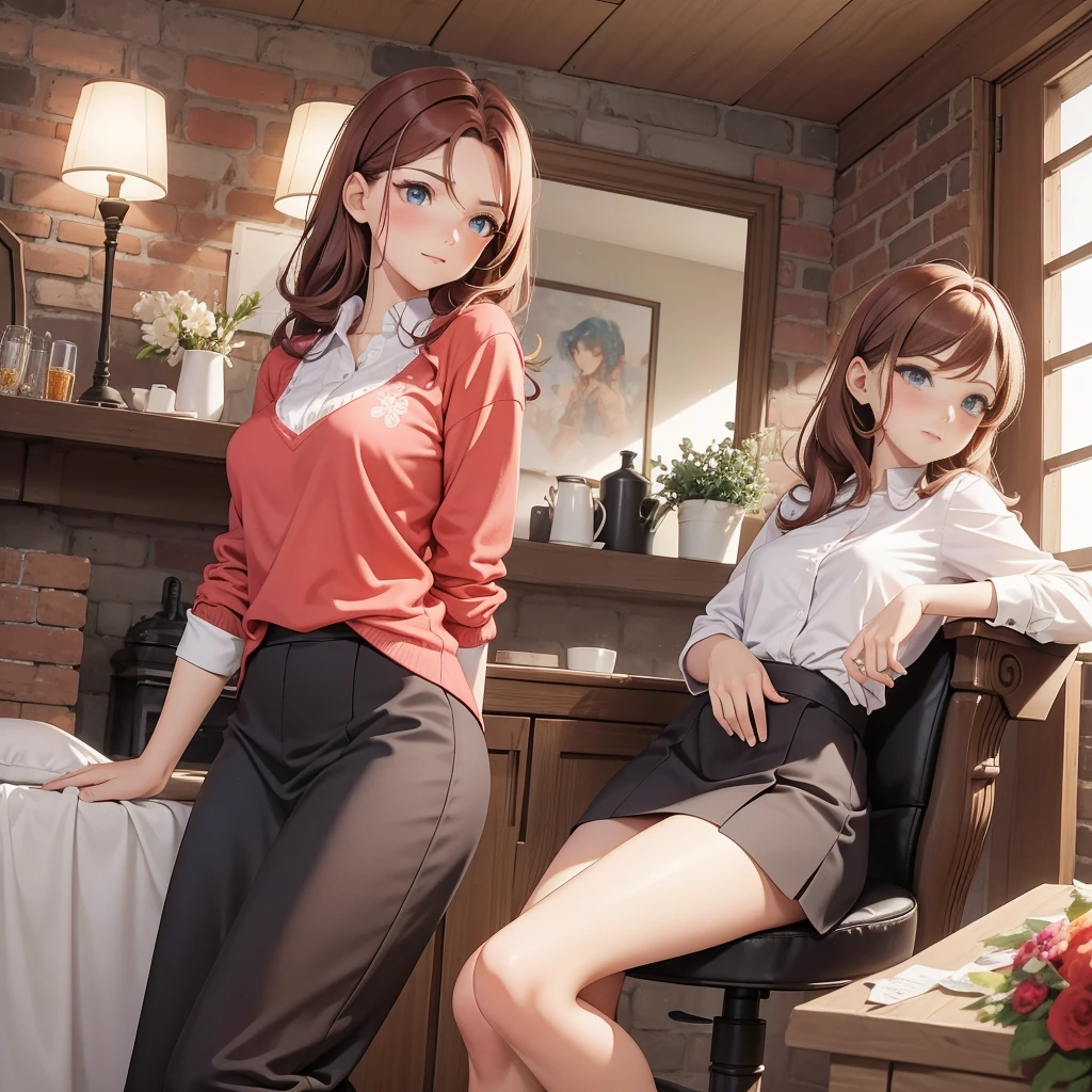 (Masterpiece), (4k), ) (vivid colors), (evening light) Woman of 40 with brown hair with red highlights dressed as a successful MILF businesswoman with a pose and seductive look, accompanied by her 2 daughters, , blonde with a floral dress with small breasts, and the other, 16 years oldair and medium breasts, in a low-cut top and a short skirt in the living room of her house.