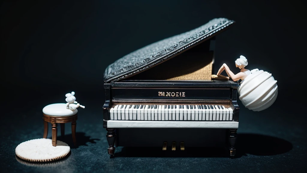 This whimsical image features miniature art where an Oreo cookie is creatively transformed into a grand piano, a concept likely inspired by imaginative food art. The composition is minimalistic, with a small figure seated on a chair pretending to play the "piano." Musical notes hover above, adding a sense of movement and sound to the scene. The background is a simple, clean white, keeping the focus solely on the Oreo piano and the tiny musician. The overall effect is playful and imaginative, highlighting the artist's creativity in blending everyday objects with elements of fantasy.
