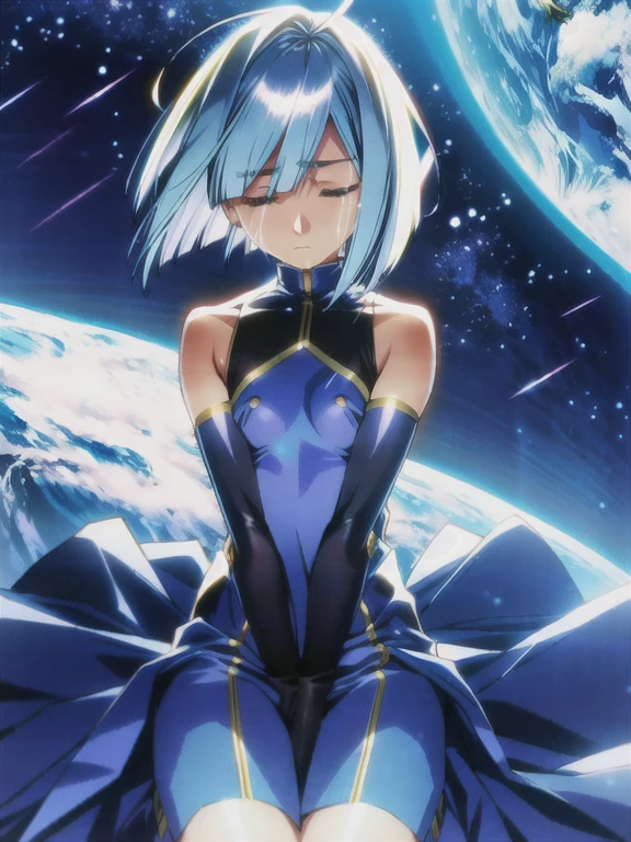 anime realist bob cut,sliver hair,multiple colored hair,sad,:<,closed eyes,((good face)),(masterpiece),ahoge,bangs,dynamic,solo,wide shot,gloves,flat chest,(ambient light ),the Earth at the upper part of image,empty-handed,solo,1girl,highres,crying,on the moon surface,outer space,,,