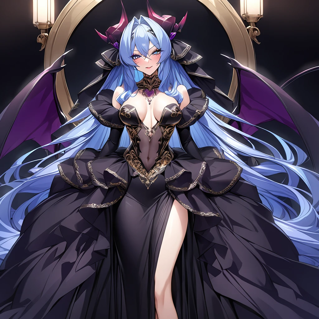 ((Highest quality)), ((masterpiece)), (detailed), (Perfect Face)、The woman is a beautiful female demon, the queen of evil, Devil Extia, with medium-long blue hair, wearing a luxurious black wedding dress with gold embroidery and trim, a black wedding veil, an engagement ring, luxurious accessories, lipstick and makeup, and is an elegant and beautiful female demon, the queen of evil.、A great demon with jet black skin, evil devil horns, devil wings and a devil tail.