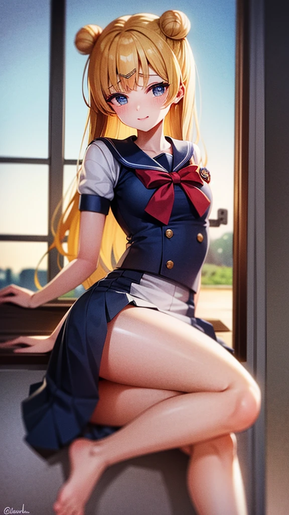 Sailor moon sexy schoolgirl with blonde hair and blue eyes, two buns, heart shaped face in outfit with a classroom in the background