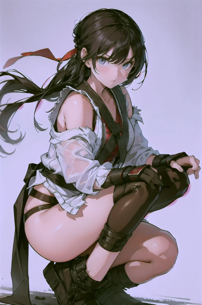 (masterpiece, best quality:1.2), expressive eyes, perfect face, highres, 1girl, solo, ryu \(sf\), (female:1.5), black hair, long hair, dougi, fingerless gloves, headband, no pants, squatting, portrait, looking at the viewer, panties