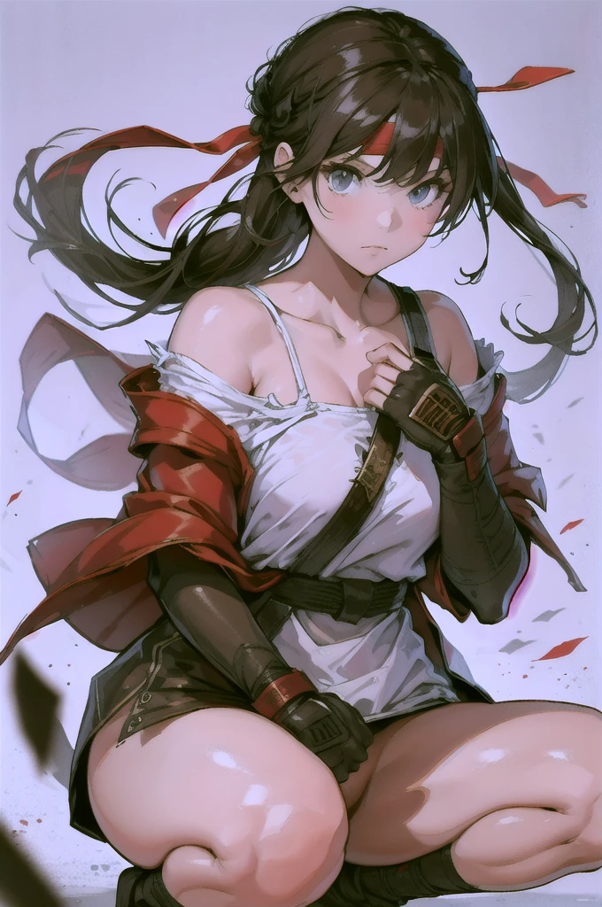 (masterpiece, best quality:1.2), expressive eyes, perfect face, highres, 1girl, solo, ryu \(sf\), (female:1.5), black hair, long hair, dougi, fingerless gloves, headband, no pants, squatting, portrait, looking at the viewer, panties