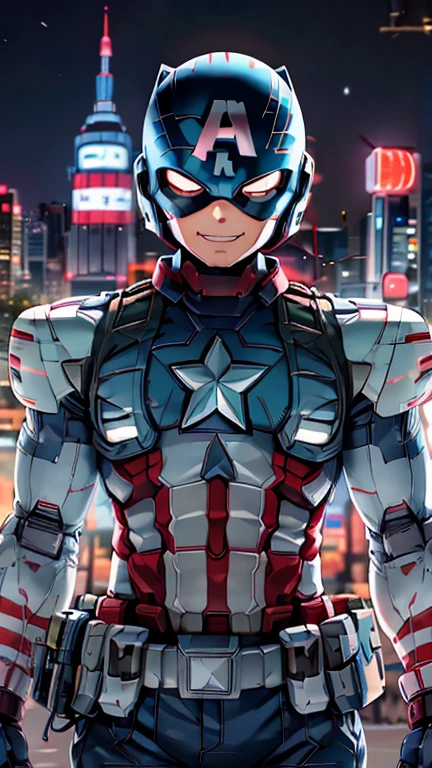 (8k),(masterpiece),(Japanese),(8-year-old boy),((innocent look)),((Childish)),From the front,smile,cute,Innocent,Kind eyes,Flat chest,blue helmet,blue domino mask, Captain America,bald,no Hair,Strong wind,night,dark, Neon light cyberpunk city,Kamen rider, superhero,Ringo! style,camisa