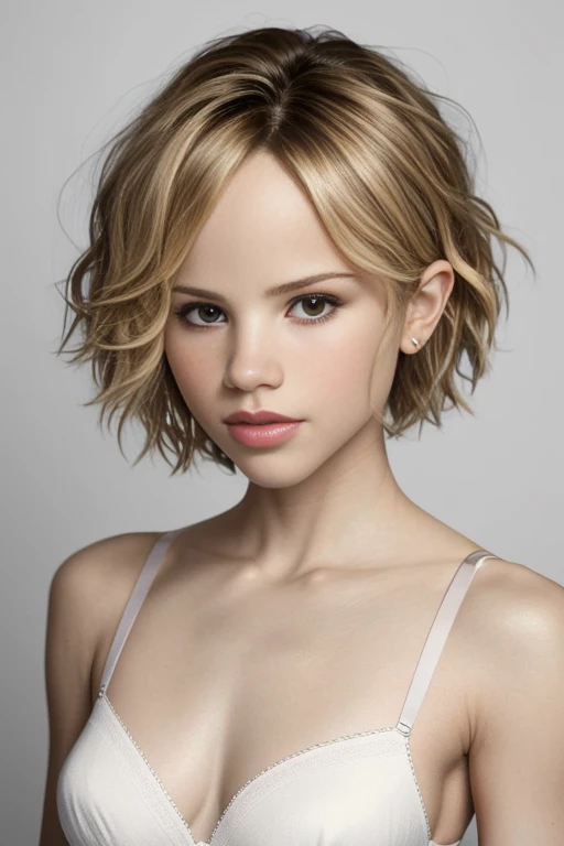 headshot photo of photo of HalstonSage, focus on face, wearing a bra and thong , her hair is styled as fluffy pixie,