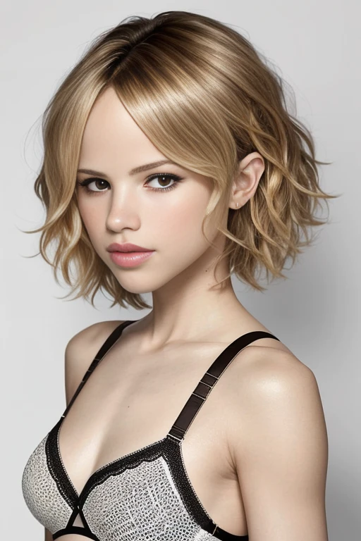 headshot photo of photo of HalstonSage, focus on face, wearing a bra and thong , her hair is styled as fluffy pixie,