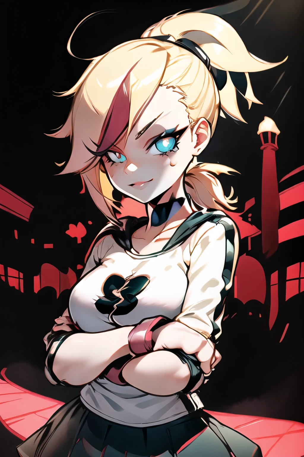 (best quality:1.2),solo,1girl,mdrin,smile,looking at viewer,crossed arms,ponytail,v-shaped eyebrows,white jacket,red shirt,fingerless gloves,black skirt,choker,illustration,detailed background,soft lighting,vibrant colors,fantasy style,blurred foreground,flower garden,subtle shadows,daytime ambiance,lens flare,expressive eyes,lively atmosphere,joyful expression,impeccable makeup,glossy lips,twinkling eyes,sunlit scene,whimsical feeling, ultra long hair