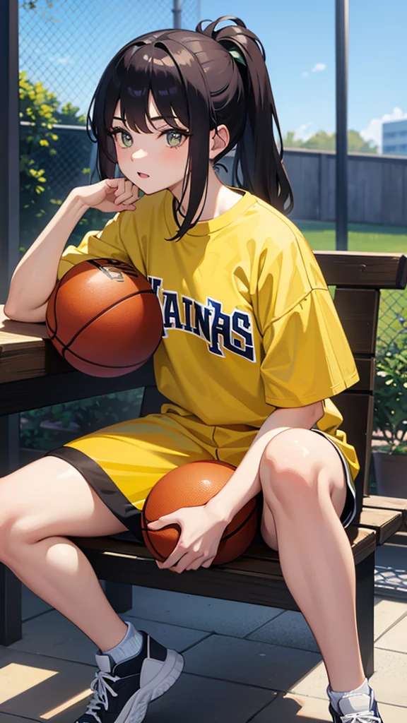 18 year old girl, sitting, wearing basketball yellow shirt, holding basketball, Showing her very big